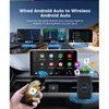 A smartphone is being held up to a car's infotainment screen, showing a wireless Android Auto connection. Produktbild-Vorschau
