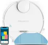A white robot vacuum cleaner is shown from a top-down perspective, with a smartphone displaying a cleaning app next to it and a blue cleaning pad in the foreground. Produktbild-Vorschau