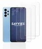 A light blue smartphone is shown next to three transparent screen protectors, with the brand name 'SAVVIES' and 'SMART PROTECTION' visible on one of the protectors. Produktbild-Vorschau