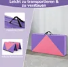 A folded gymnastics mat is shown in a room, with close-up images of its features. Produktbild-Vorschau