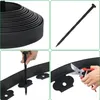 Collage showing a roll of black flexible edging, a black stake, and how to install the edging with stakes and cut it with shears. Produktbild-Vorschau