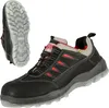 A pair of black safety shoes with red accents and a transparent sole, shown from a diagonal angle. A separate view of the sole is also visible. Voir les images du produit
