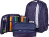 A purple backpack with white stars and a matching pencil case set, including a backpack, a large pencil case, and a smaller pencil case, all filled with colored pencils and other stationery items. Anteprima dell’immagine prodotto