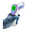 A hand wearing a blue glove holds a white and purple digital infrared thermometer with a green display showing '36.5'. Voir les images du produit
