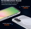A close-up view of a clear phone case, highlighting its screen and camera protection features with text overlays. Produktbild-Vorschau