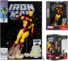 A collage of images featuring an Iron Man action figure and its packaging, set against a starry background. Produktbild-Vorschau