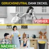 A split image showing a woman reacting negatively to a trash bag in a kitchen (before) and a family enjoying breakfast in a clean kitchen with a trash bin (after). Produktbild-Vorschau