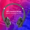 A pair of black headphones with a microphone is shown against a blurred background of pink and blue colors, possibly representing a gym or workout environment. Text overlays highlight the product's features. Náhľad obrázku produktu