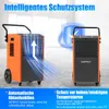 Two orange and black dehumidifiers are shown in a room with a bright background. The left dehumidifier is shown with blue arrows indicating airflow and a defrost symbol. The right dehumidifier is shown with a shield icon indicating protection. Text overlay Voir les images du produit