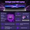 A marketing image showcasing a laptop with various technical specifications and features highlighted with text and icons. Produktbild-Vorschau