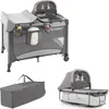 A multi-part image showing a baby playpen with a changing table and bassinet attachment, a folded playpen in a carrying bag, and a detached bassinet with a canopy. Náhled obrázku produktu
