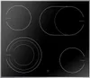 A top-down view of a black glass ceramic stovetop with four cooking zones. Produktbild-Vorschau