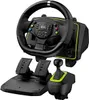 A gaming steering wheel, pedals, and gear shifter set. Voir les images du produit