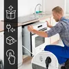 A technician is installing a white oven into a kitchen cabinet, with icons indicating installation steps. Produktbild-Vorschau