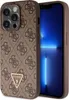 A close-up shot of a brown phone case with a repeating Guess logo pattern and a triangular Guess logo emblem with rhinestones. An iPhone is partially visible on the right side of the image. Podgląd zdjęcia produktu