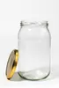 An empty glass jar with its gold lid resting beside it, set against a plain white background. Produktbild-Vorschau