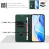 A green leather wallet phone case is shown open, displaying card slots and a cash slot, with a phone inserted on the right. Text and diagrams highlight product features. Produktbild-Vorschau
