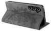 A gray flip case for a smartphone with a mandala design embossed on the cover, shown in a slightly open position. Produktbild-Vorschau