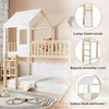 A children's bunk bed with a house-like structure, featuring a slide and ladder, set in a bedroom environment. Podgląd zdjęcia produktu