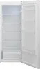 An empty white refrigerator with its door open, showing the shelves and drawers inside. Produktbild-Vorschau