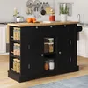 A black kitchen island with a wooden countertop is shown in a kitchen setting. Voir les images du produit