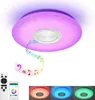 A modern LED ceiling light with integrated Bluetooth speaker, shown in purple light with musical notes emanating from it. A remote control and a smartphone app interface are also displayed. Produktbild-Vorschau