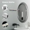 A bathroom mirror with integrated LED lighting, showcasing its mounting system and material. Produktbild-Vorschau