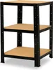 A black metal shelving unit with three wooden shelves, shown against a white background. Podgląd zdjęcia produktu