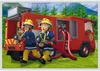 Two firefighters in uniform are holding hoses in front of a red fire truck. Náhled obrázku produktu