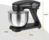 A black KLAMER stand mixer with a stainless steel bowl is shown against a light gray background. Dimensions are indicated with yellow lines and text. Produktbild-Vorschau