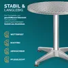 A round table with a silver top and a silver base, with text and icons describing its features. Anteprima dell’immagine prodotto