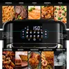 A collage of food items and an air fryer control panel, showcasing different cooking functions. Produktbild-Vorschau