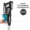 A hand holding a detachable dustbin from a cordless stick vacuum cleaner, with marketing text and a capacity indicator. Produktbild-Vorschau