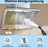 A split image showing a dirty range hood before and after cleaning with a steam cleaner, with feature icons below. Produktbild-Vorschau