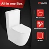 A white toilet is shown against a dark background, with marketing text and icons on the right side. Produktbild-Vorschau
