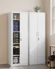 Two white metal storage cabinets are shown side-by-side in a room. One cabinet is open, revealing shelves filled with various storage boxes and containers. A small potted plant sits on top of the closed cabinet. Náhled obrázku produktu