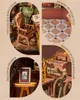 A collage of four circular images showcasing different aspects of a miniature study or library scene, likely a book nook. Náhled obrázku produktu
