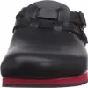 A close-up, front-facing view of a black Birkenstock sandal with a red sole. Podgląd zdjęcia produktu