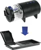 A black automatic fish feeder and its tray are shown against a white background. Produktbild-Vorschau
