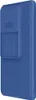 A blue phone case with a textured back and a sliding camera cover. Produktbild-Vorschau