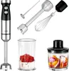 A set of kitchen appliances including an immersion blender, whisk attachment, chopper attachment, and blending cup. Produktbild-Vorschau