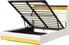 A white upholstered bed frame with its storage lift mechanism open, revealing the slatted base and storage compartment underneath. The headboard has decorative brown and yellow accents. Náhľad obrázku produktu