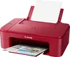A red Canon PIXMA TS3352 3-in-1 inkjet multifunction printer is shown from a front-facing angle, with a sheet of paper in the input tray and another sheet in the output tray. The printer is on a white background. Anteprima dell’immagine prodotto