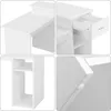A collage of four close-up images showing different angles and details of a white desk. Produktbild-Vorschau