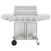 A stainless steel gas grill with five burners and two cabinet doors on a white background. Produktbild-Vorschau