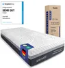 A mattress and its packaging are displayed, along with a review badge. Produktbild-Vorschau