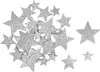 A collection of silver glitter star confetti scattered on a white background. Produktbild-Vorschau