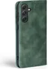 A green flip cover case for a Samsung Galaxy A55 5G phone, shown from the back with the camera module visible. Produktbild-Vorschau