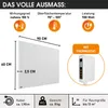 Diagram showing the dimensions and features of a white infrared heater. Produktbild-Vorschau
