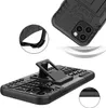 Collage of images showing a black protective phone case with a kickstand, close-ups of its texture and design, and a depiction of it protecting a phone from impact. Produktbild-Vorschau